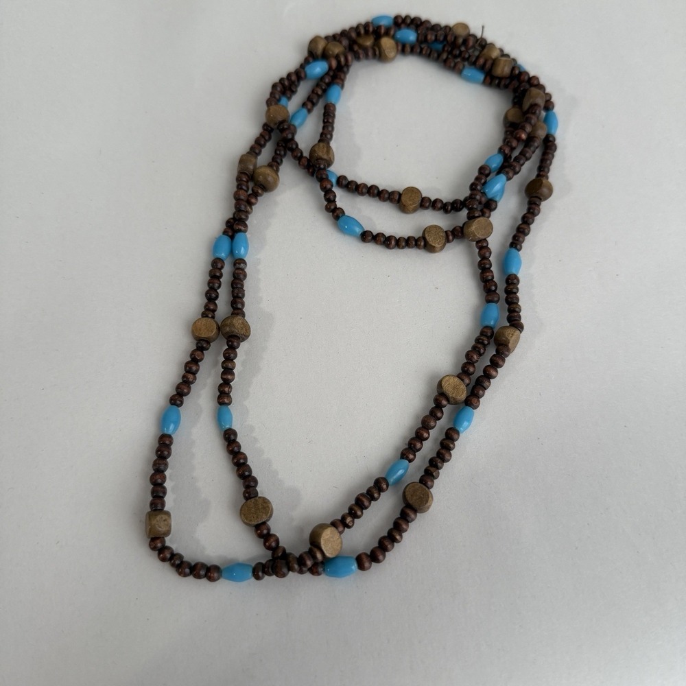 Vintage Brown Turquoise Color Long Juniper?‎ Bead Necklace Gift Boho Western